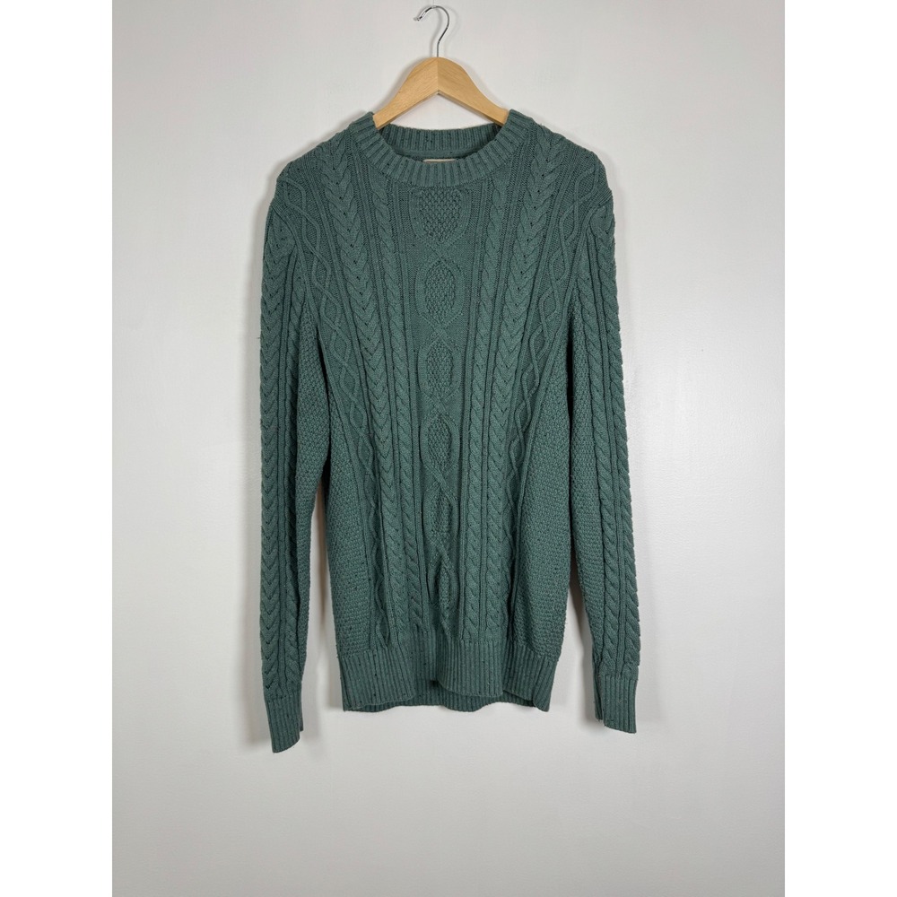 Heritage L.L.Bean Mens M-Tall Cable Knit Sweater Green Flecked Organic Cotton